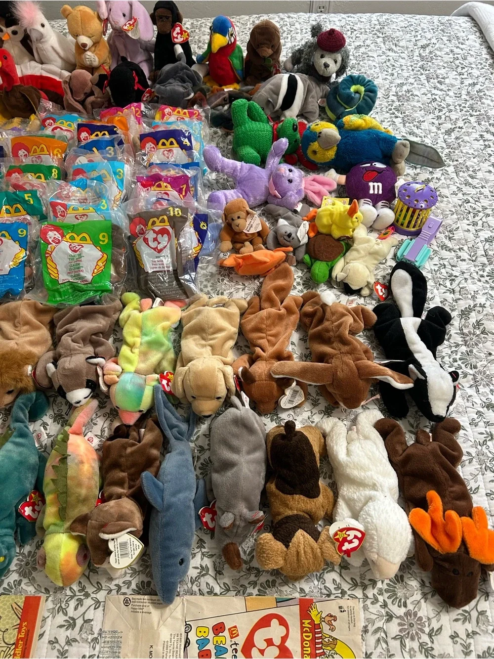 RARE 75+ Lot of TY Beanie Babies, McDonalds Teenie Babies & Happy Meal Bags